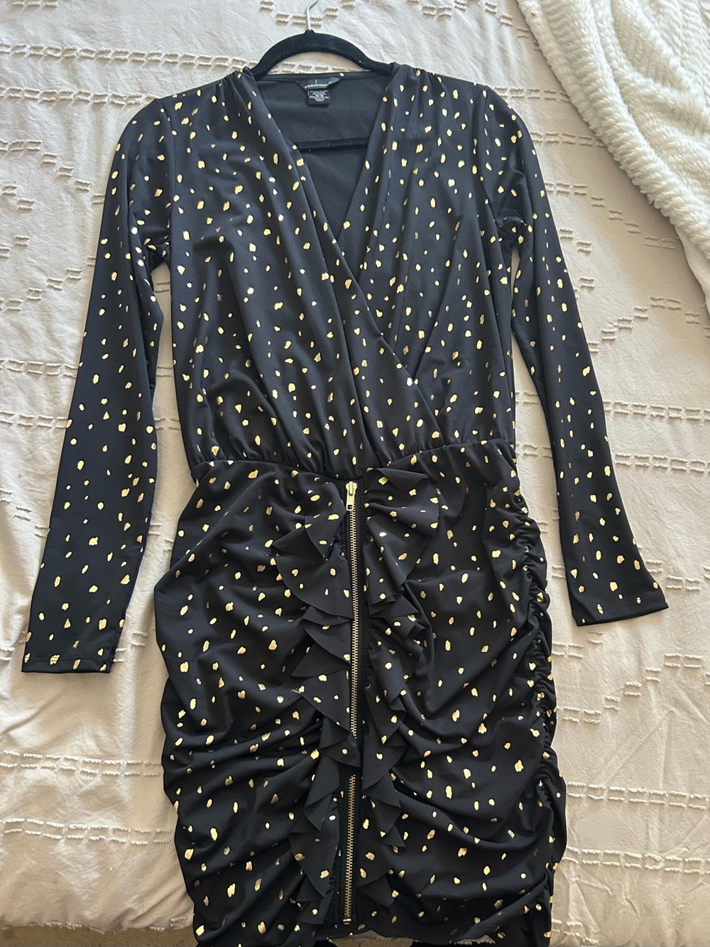 Moda International Black Dress with Gold Dot Print and Front Zip